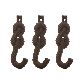 Vintage Cast Iron Rope Design Wall Hooks - Decorative Wall Hooks for Coats, Bags, Towels, Hats, Indoor or Outdoor Use - Set of 3 - Antique Brown