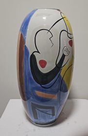 Picasso Style Blue Handpainted Vase 24in
