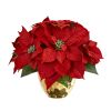 11" Poinsettia Artificial Arrangement in Golden Vase