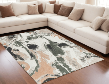 5' X 7' Gray and Orange Abstract Non Skid Area Rug