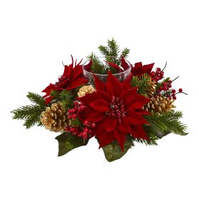 14" Poinsettia Berry and Golden Pine Cone Candelabrum