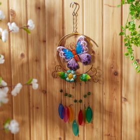 Butterfly Iron Ornament with Glass Leaves Wind Chime - Decorative Garden Hanging Decor