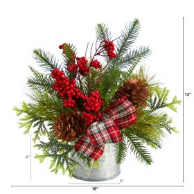 12" Christmas Pine Cones and Berries Arrangement