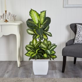 46" Golden Dieffenbachia Plant in White Metal Planter