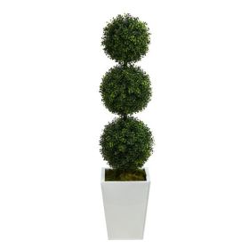 46" Boxwood Triple Ball Topiary Tree in White Metal Planter