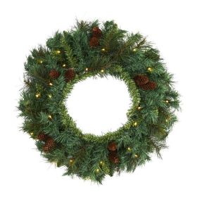 20" Mixed Pine and Pinecone Xmas Wreath w/35 Clear LEDs