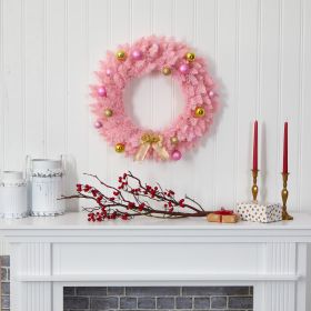 24" Pink Christmas Wreath with 35 LED Lights and Ornaments