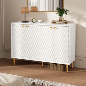 Hexagon Honeycomb Pattern Sideboard Cabinet with 4 Doors, Credenza Storage Cabinet, Modern Kitchen Buffet with Gold Metal Legs for Living Room