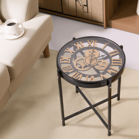 Industrial Style Mechanical Clock Coffee Table, Side Table, Glass Metal End table for living room, bedroom, Office