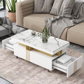 ON-TREND Contemporary Coffee Table with Faux Marble Top, Rectangle Cocktail Table with Caster Wheels