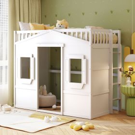 Twin Size House Loft Bed With Ladder-White