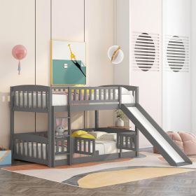 Bunk Bed with Slide,Twin Over Twin Low Bunk Bed with Fence and Ladder for Kids Teens Grey