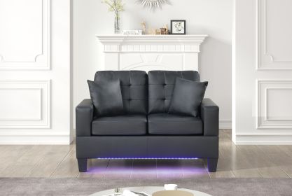 Genesis 55.5"W Black PVC Fabric Loveseat with LED Lights, USB Charger, Tufted Cushions