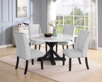 5pc Dining Set Contemporary Style White Faux Marble Round Table Top Dove Gray Upholstery Wing Back Chairs Black Finish Wooden Solid Wood Dining R