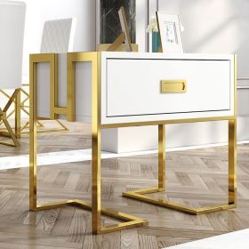 Jocise Modern White Side Table Wooden End Table with 1 Drawer & Golden Double Pedestal