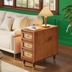 End Table with 3 Drawers, Solid Wood Sofa Side Table with Rattan Front, Mid-Century Narrow Nightstand with Storage for Living Room