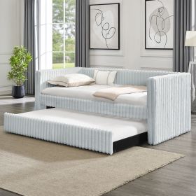 Twin Size Daybed, Upholstered sofa bed,The bottom pulls out to form a bed ,Striped corduroy fabric- Light grey(86"*43.5"*34")