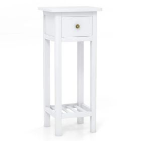 2 Tier Slim Nightstand Bedside Table with Drawer Shelf (Main Color: White, Main Material: Solid Wood+MDF)