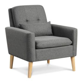 Comfy Modern Accent Chair with Lumbar Pillow and Natural Rubber Wood Legs (Color: Gray)